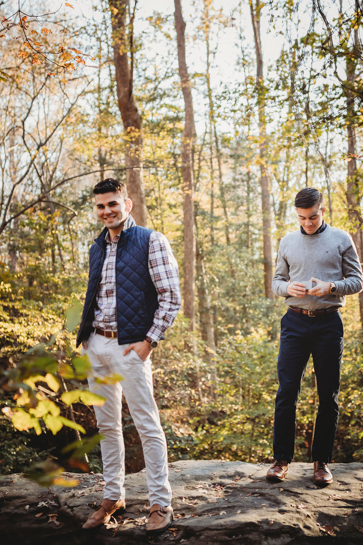 Autumn surprise proposal at Government Island two grooms gay engagement fall foliage Stafford, Virginia flannel shirt jeans woods