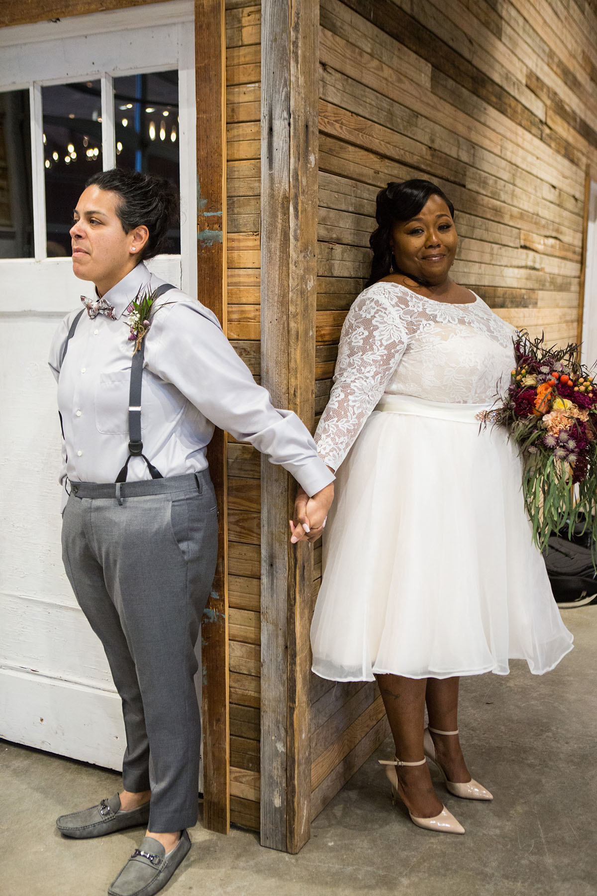 Historic mill wedding in Clifton, Texas custom Pinterest tulle lace wedding dress Men's Wearhouse suspenders