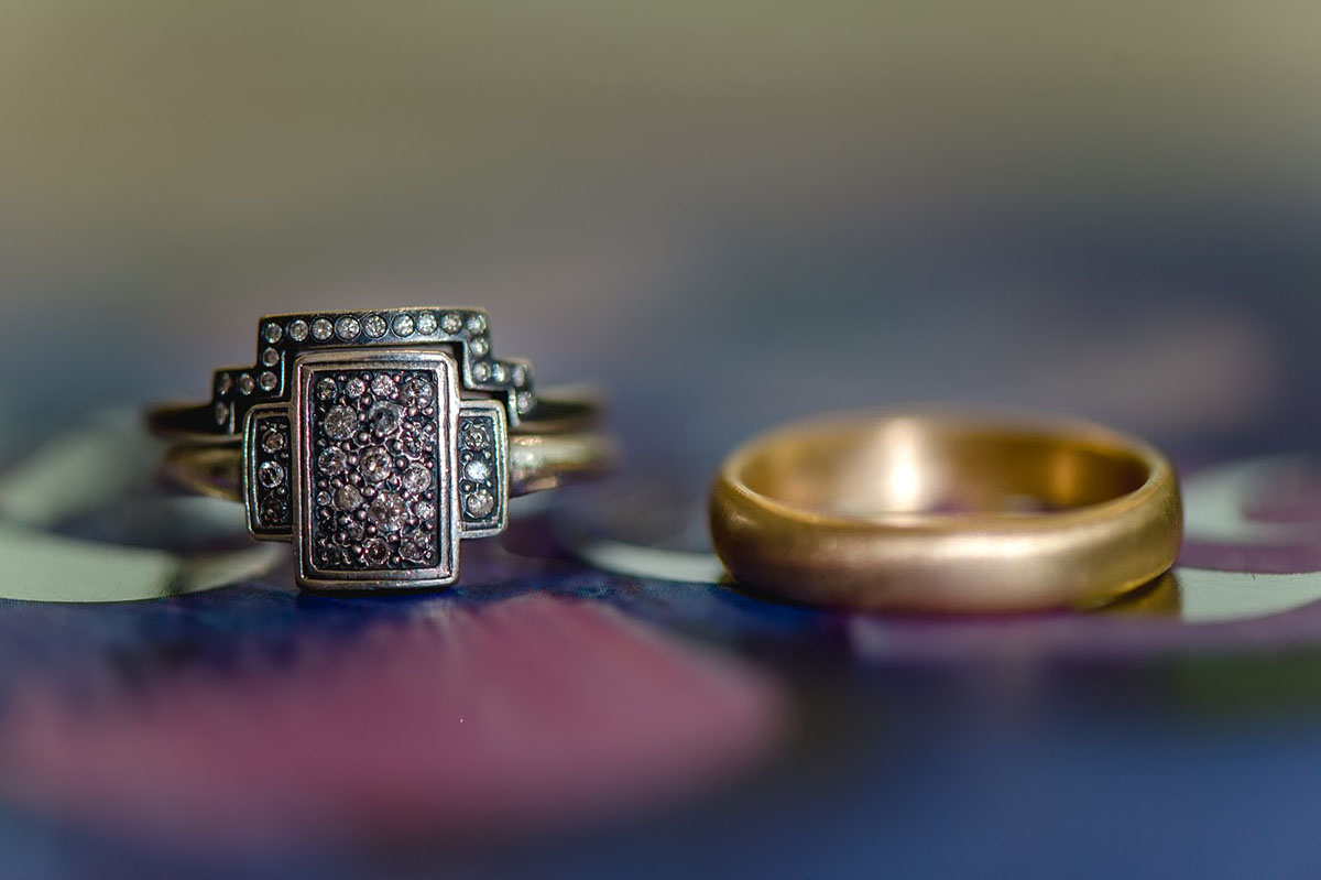 Vibrant, colorful blue and fuchsia wedding wedding rings engagement rings