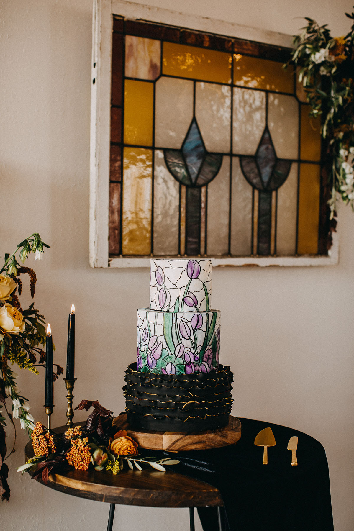 Earthy winter wedding inspiration purple lavender floral cake