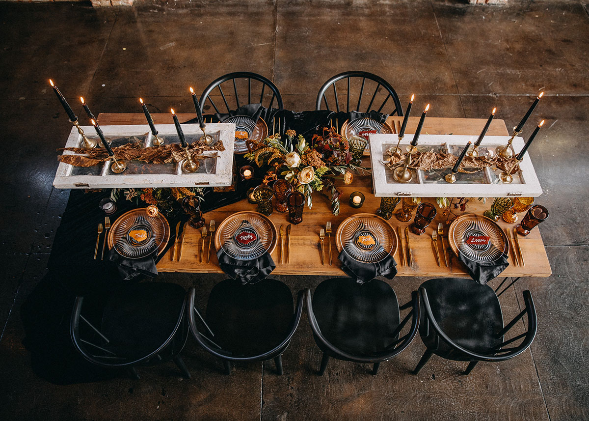 Earthy winter wedding inspiration table setting black candles
