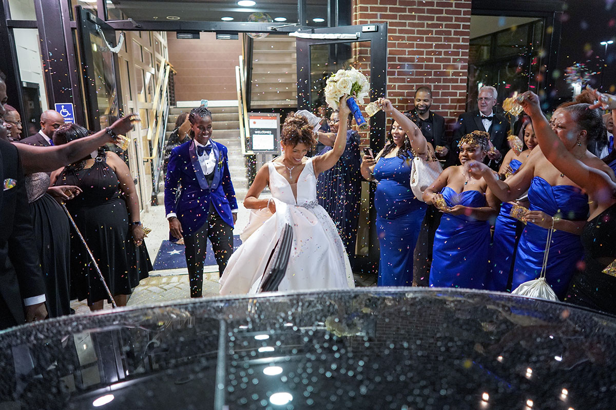Elegant black tie wedding in Oxon Hill, Maryland leaving wedding confetti