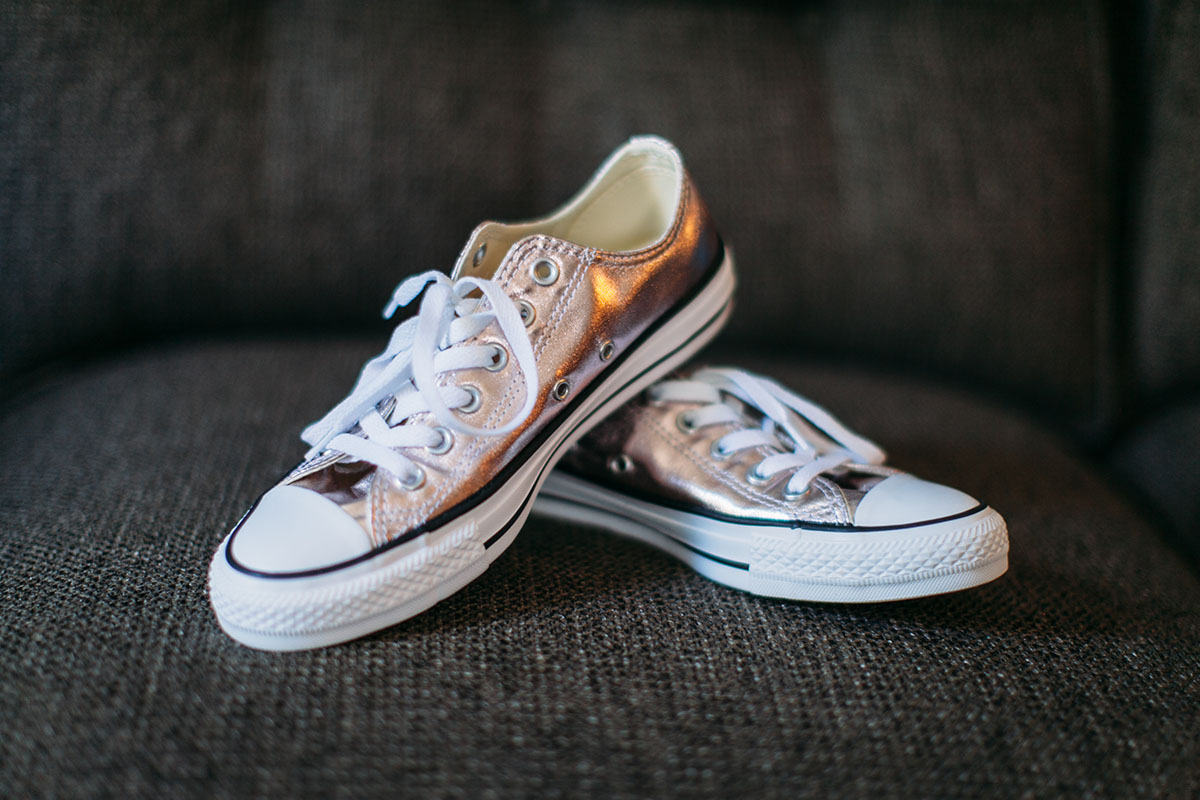Purple wedding at Mission Trails Regional Park Converse rose gold sneakers