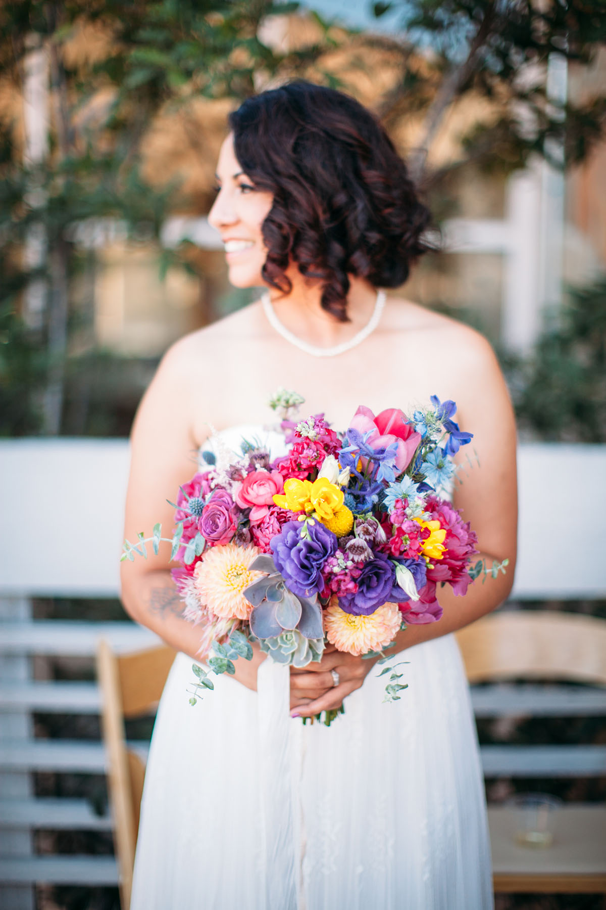 Purple wedding at Mission Trails Regional Park two brides BHLDN David's Bridal white dresses nature outdoors bright colorful bouquet