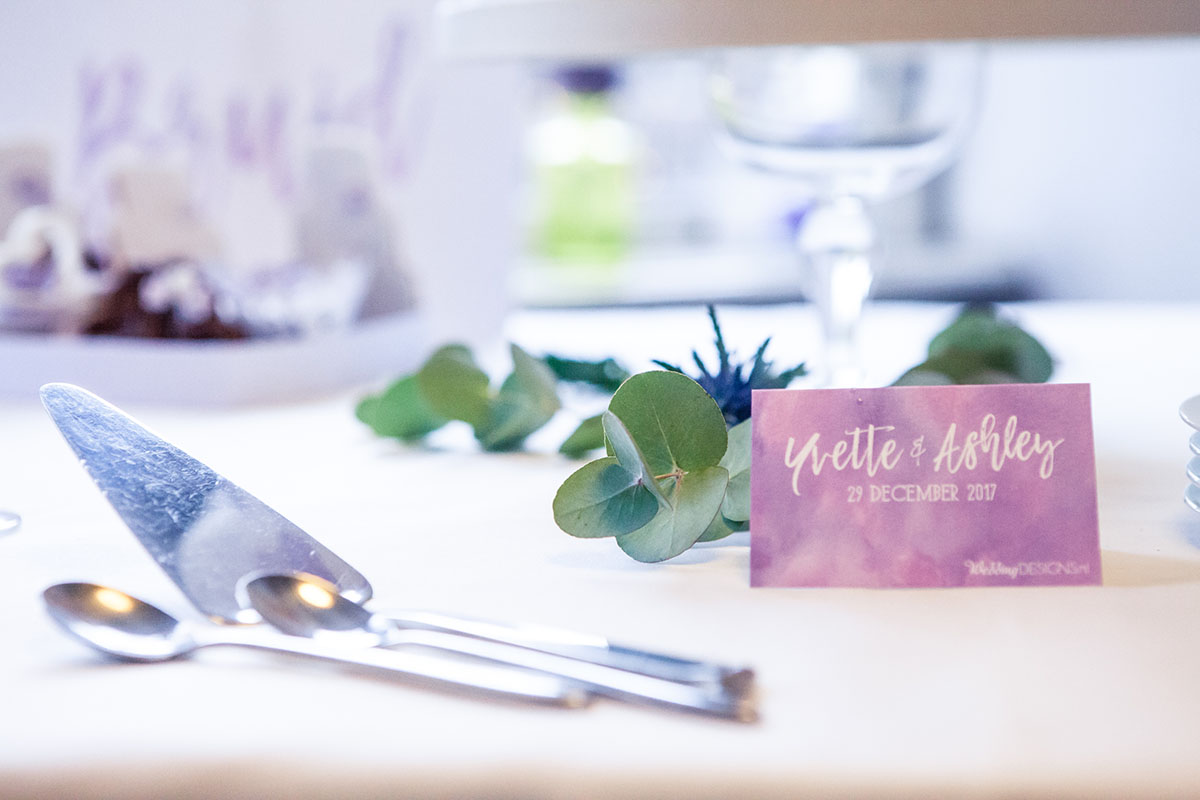 Romantic ivory and purple wedding inspiration invitation place setting