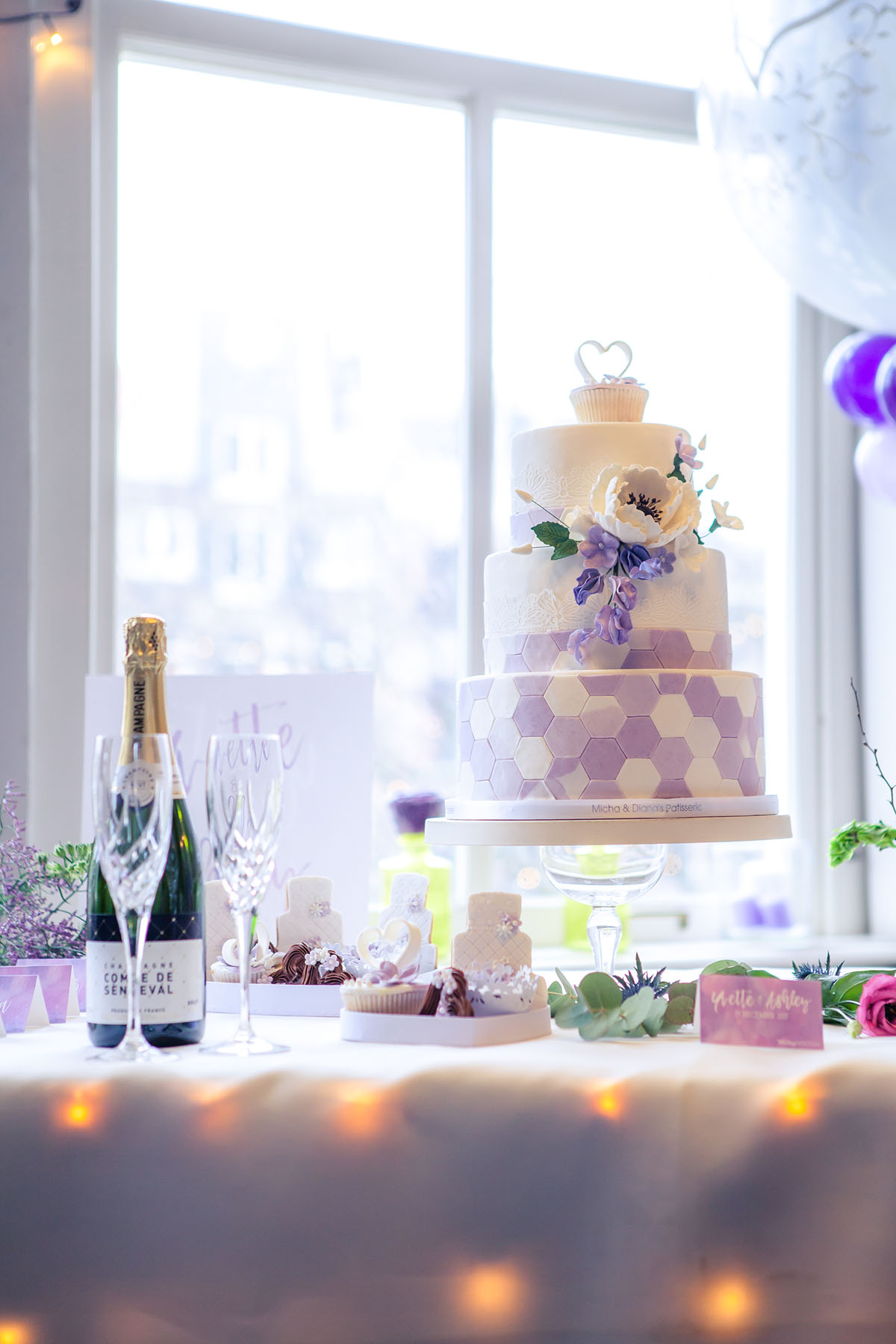 Romantic ivory and purple wedding inspiration geometric wedding cake