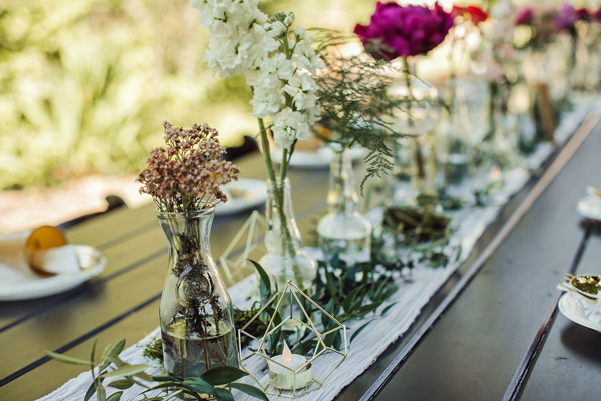 Eclectic bohemian mountain fairytale wedding nature flowers vases