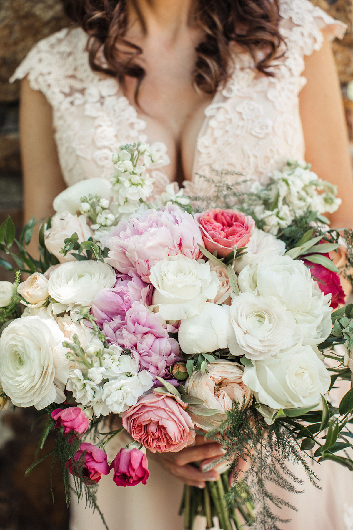 Eclectic bohemian mountain fairytale wedding two brides long tulle champagne dress Lane Bryant outfit flowers nature bouquet roses pink purple blush