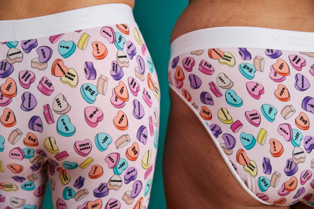 TomboyX sweetheart underwear featured in Equally Wed's Valentine's Day gift guide gifts from the LGBTQ+ community candy conversation heart underwear