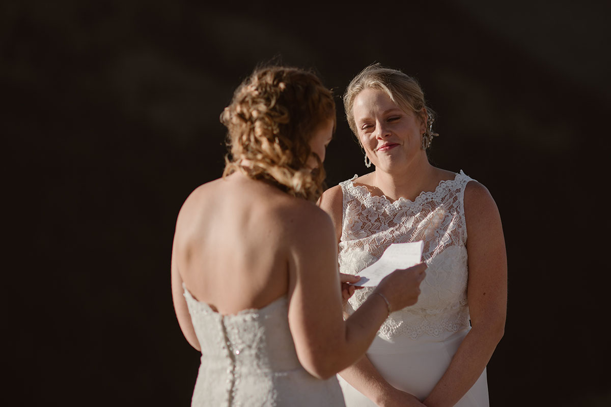Mountain elopement on Loveland Pass Colorado two brides intimate wedding BHLDN Bonny Bridal white dresses