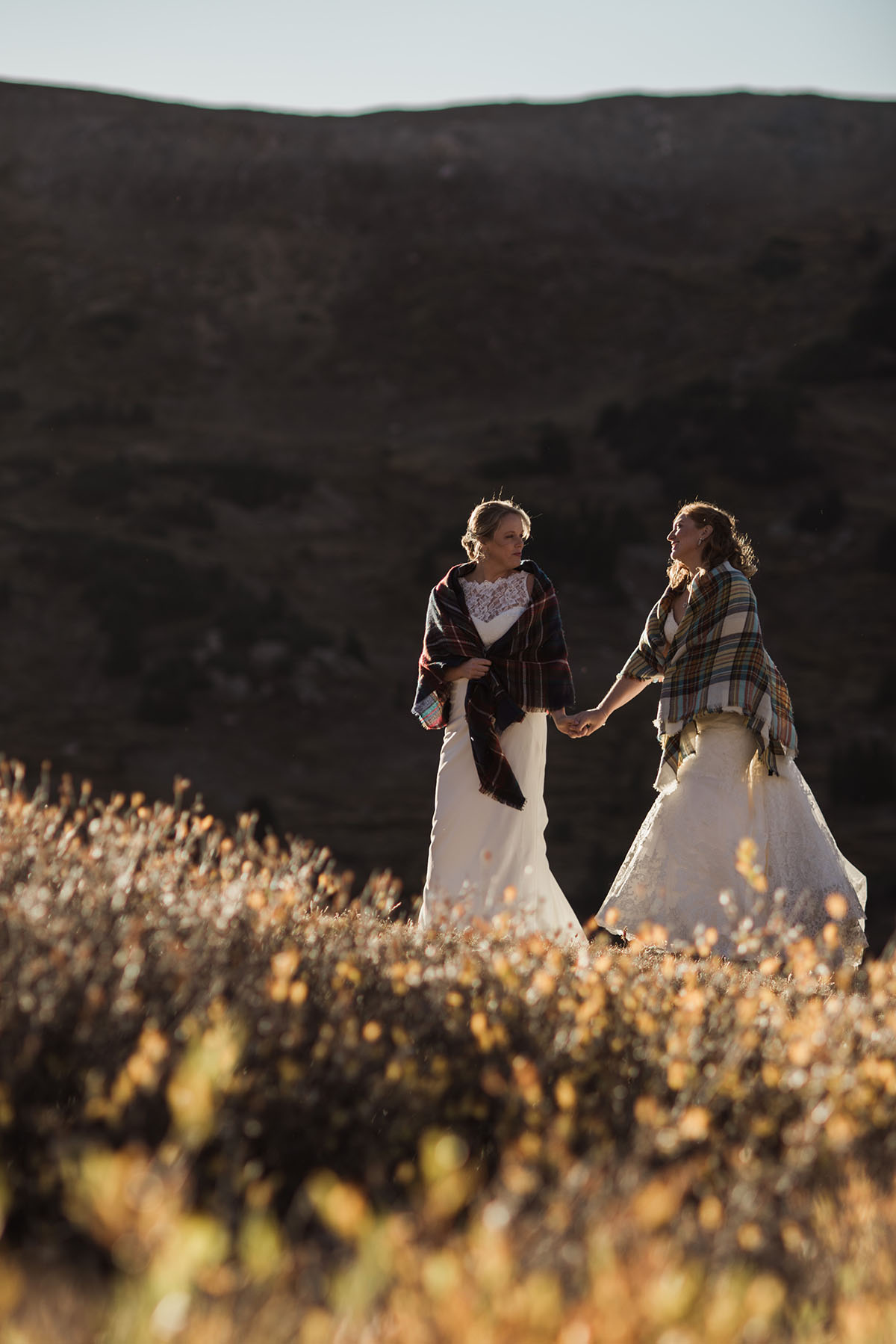 Mountain elopement on Loveland Pass Colorado two brides intimate wedding BHLDN Bonny Bridal white dresses