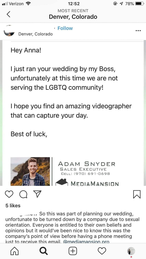 Wedding equality news: Denver videographer refuses to film LGBTQ weddings
