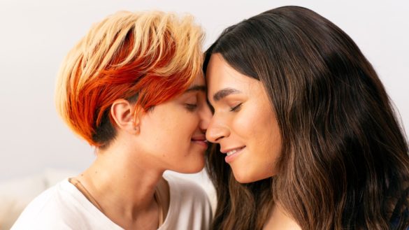 Vice launched a gender-inclusive free stock photo library A transmasculine gender-nonconforming person and transfeminine non-binary person nuzzling