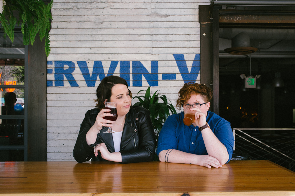 Artsy engagement photos in downtown Los Angeles Arts District Brewing Company leather jacket