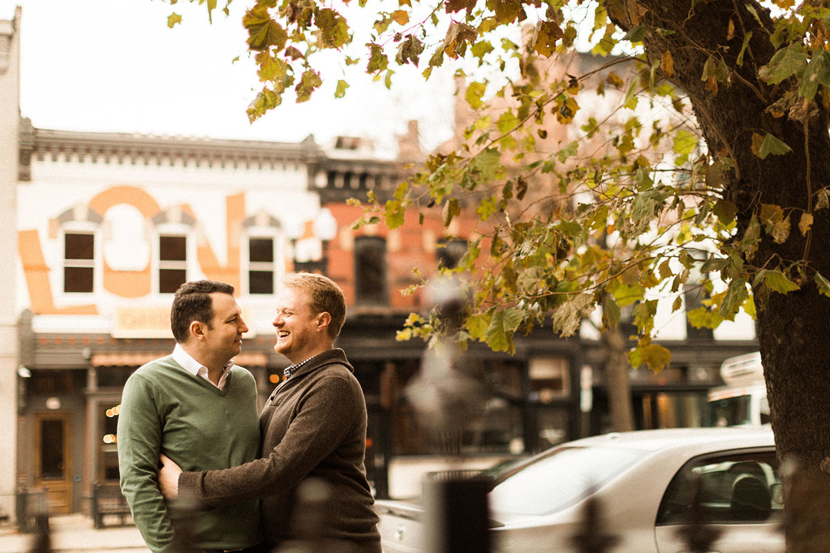 Romantic fall engagement photos in Washington, D.C. two grooms Logan Circle foliage