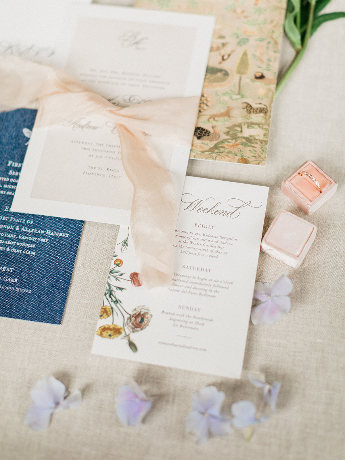 This romantic spring castle wedding is fit for a princess—or two two brides pink gold stationery invitations