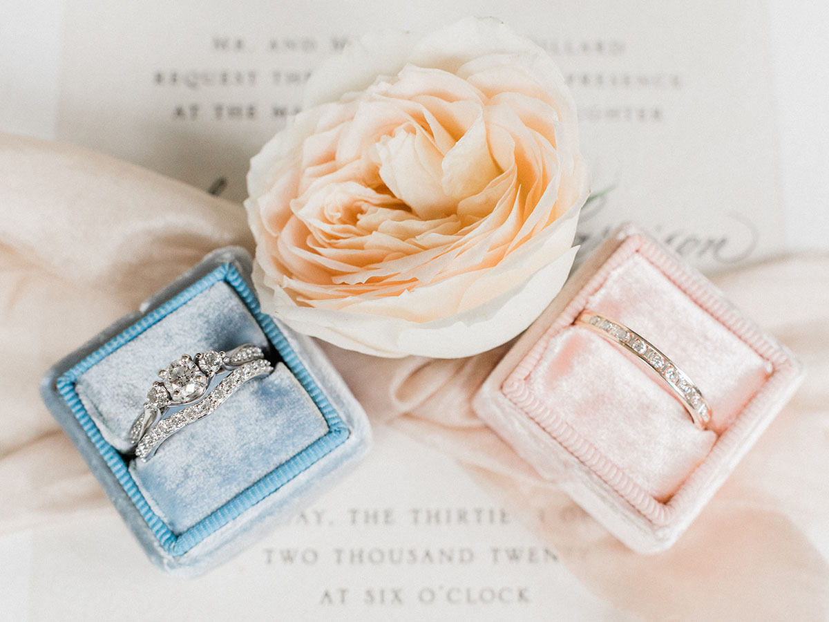 This romantic spring castle wedding is fit for a princess—or two two brides pink gold stationery invitations wedding ring engagement ring