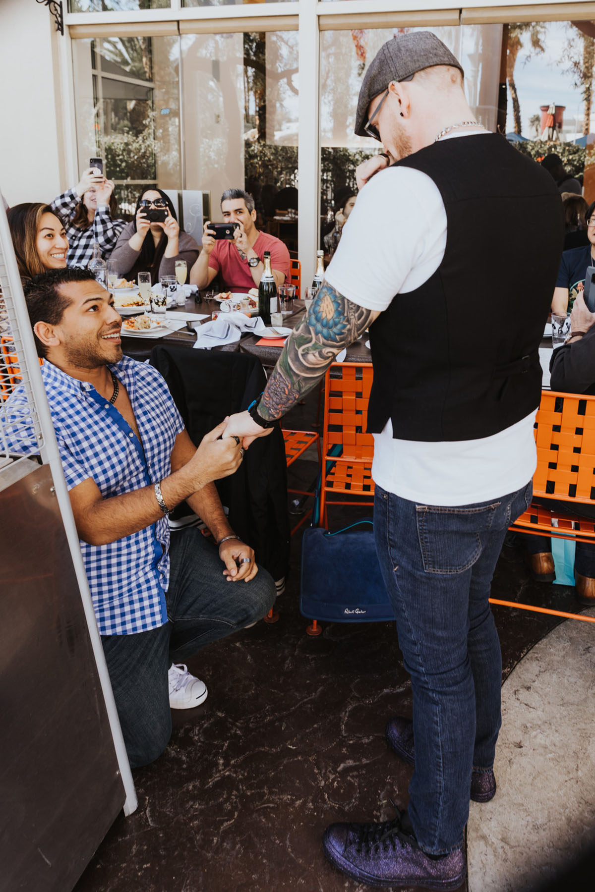 This surprise proposal Las Vegas-style will make you happy cry two grooms birthday Mandalay Bay brunch mimosas