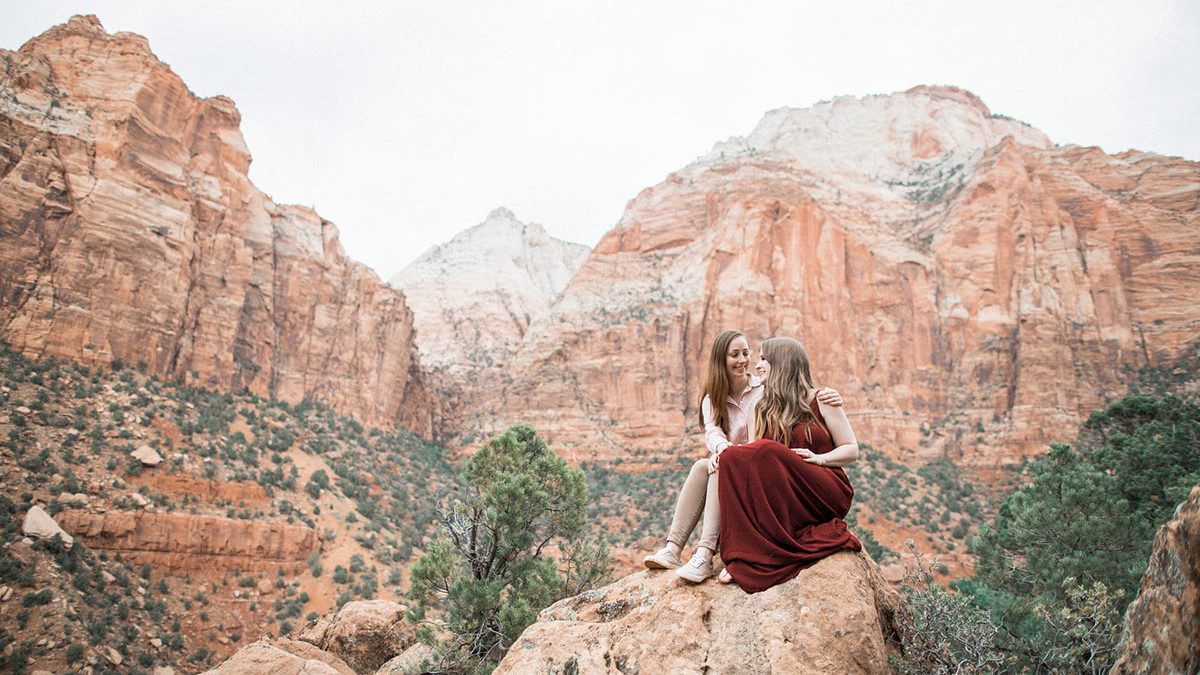 Utah mountains are the backdrop for this Zion National Park engagement