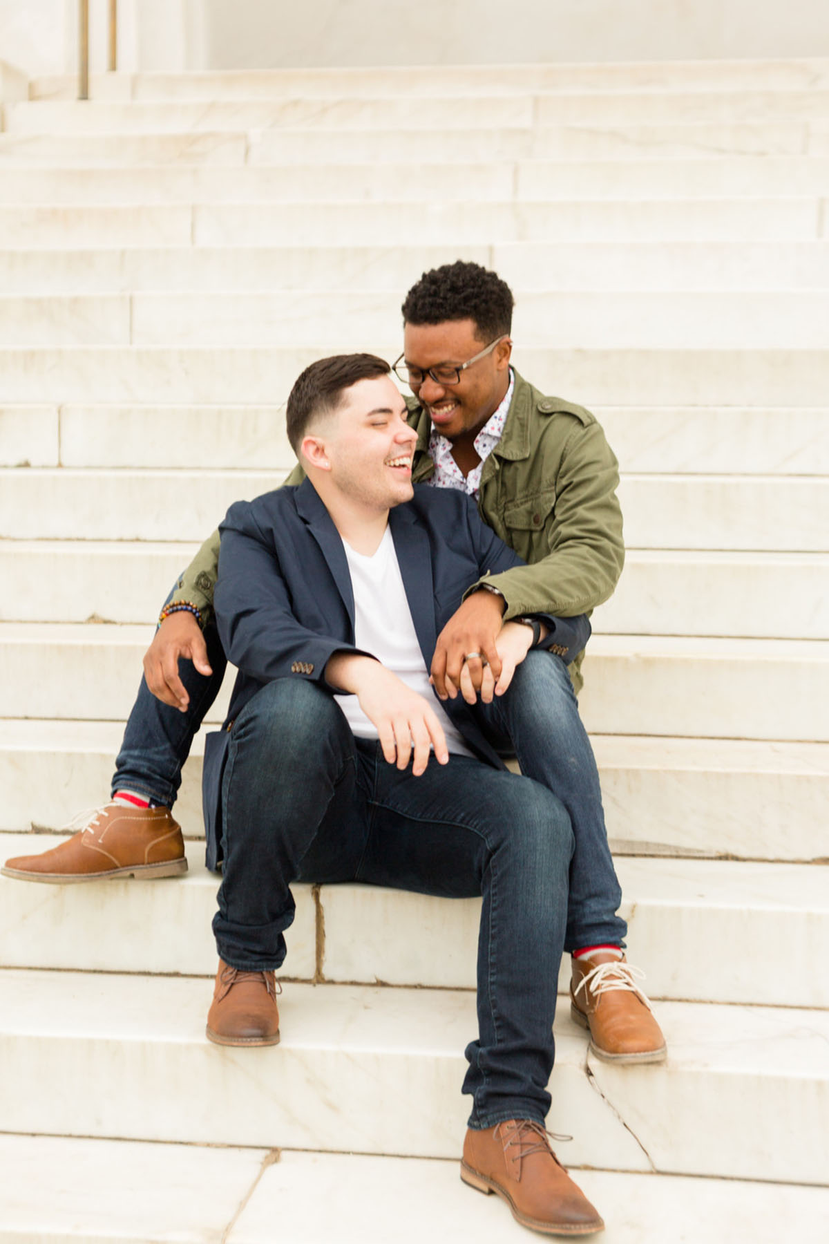Fall engagement photos around landmarks in Washington, D.C. gay engagement two grooms J Crew Lincoln Memorial Jefferson Memorial National Mall