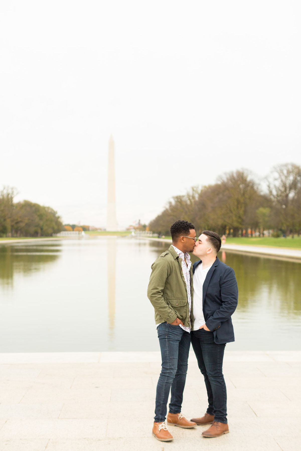 Fall engagement photos around landmarks in Washington, D.C. gay engagement two grooms J Crew Lincoln Memorial Jefferson Memorial National Mall