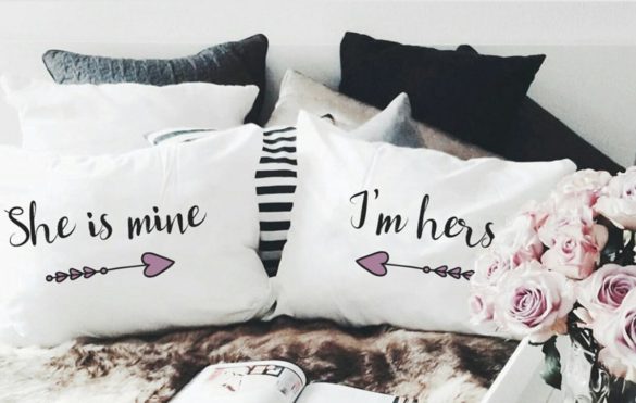 Mrs. and Mrs. items that make great LGBTQ+ wedding gifts I'm hers she's mine pillows