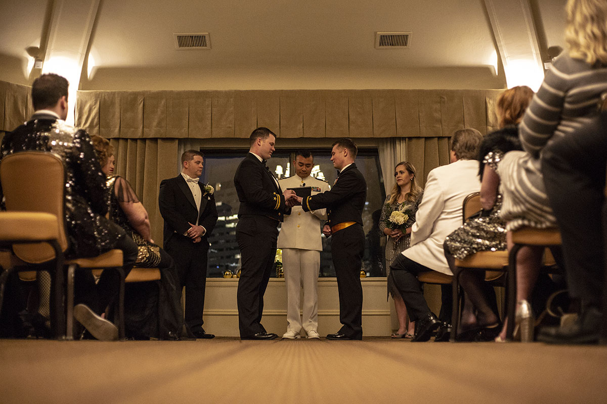 Glamorous 1920s themed wedding with an epic drag reception two grooms gay military wedding vows