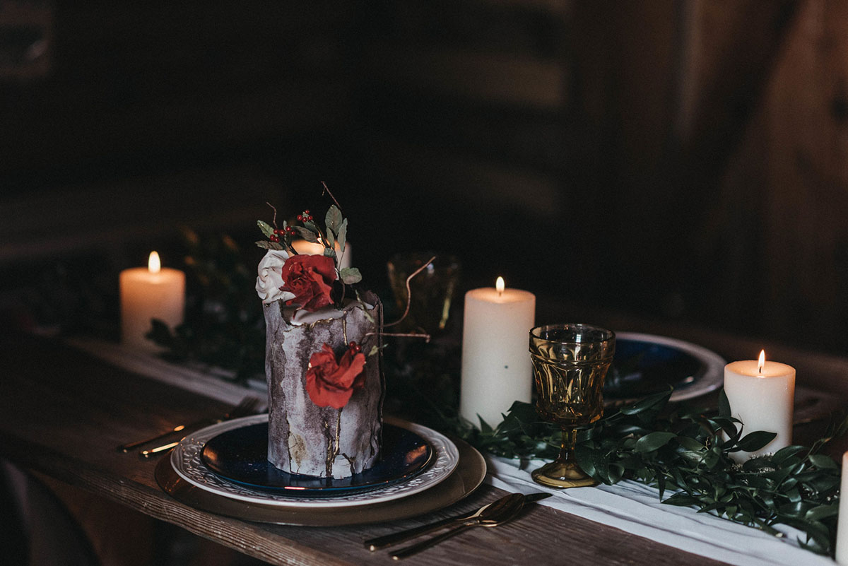 Moody, intimate farm winter elopement in Purcellville, Virginia two grooms dark tuxedos rustic southern gay wedding table setting candles
