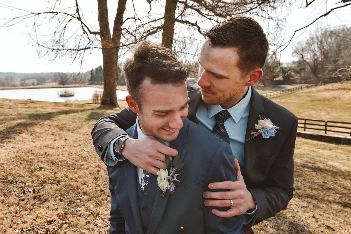 Moody, intimate farm winter elopement in Purcellville, Virginia two grooms dark tuxedos rustic southern gay wedding