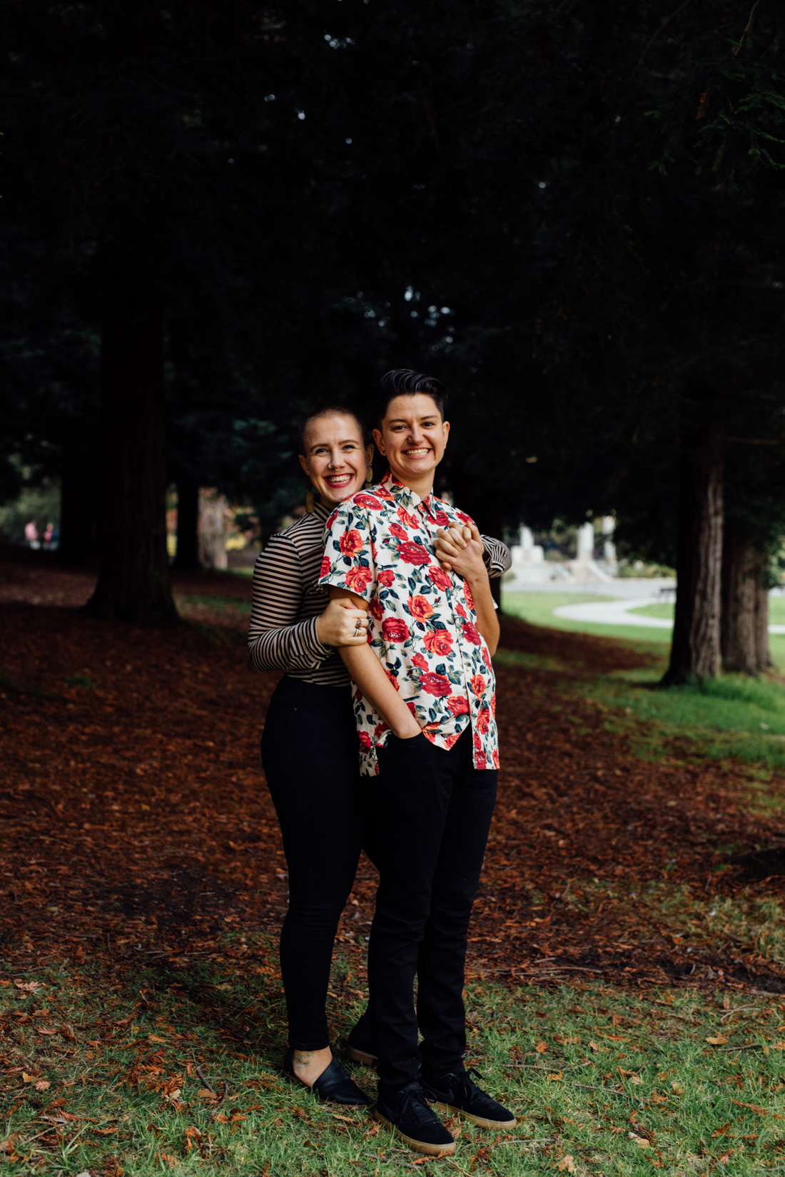 This couple celebrated a year living together in Oakland, California striped shirt floral shirt