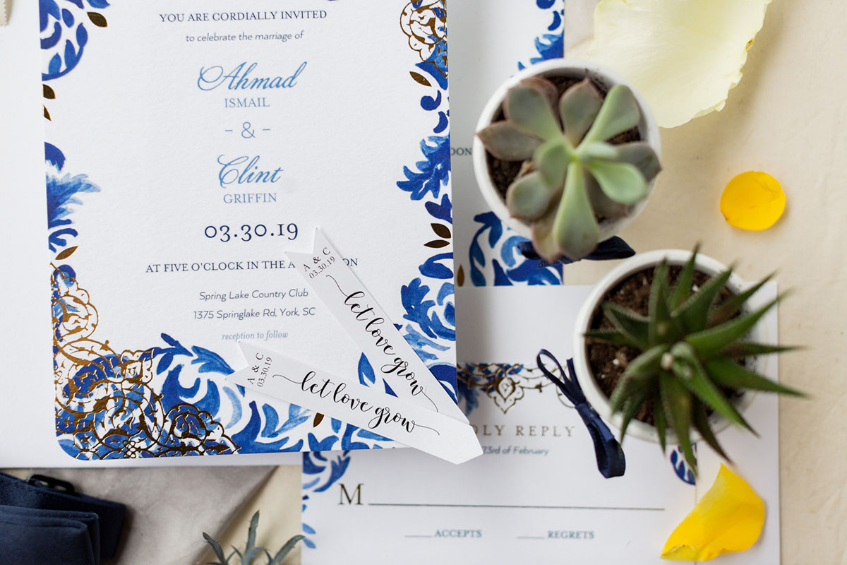 Blue and yellow spring wedding at the Lake Country Club two grooms gay wedding gray tuxes invitations succulents