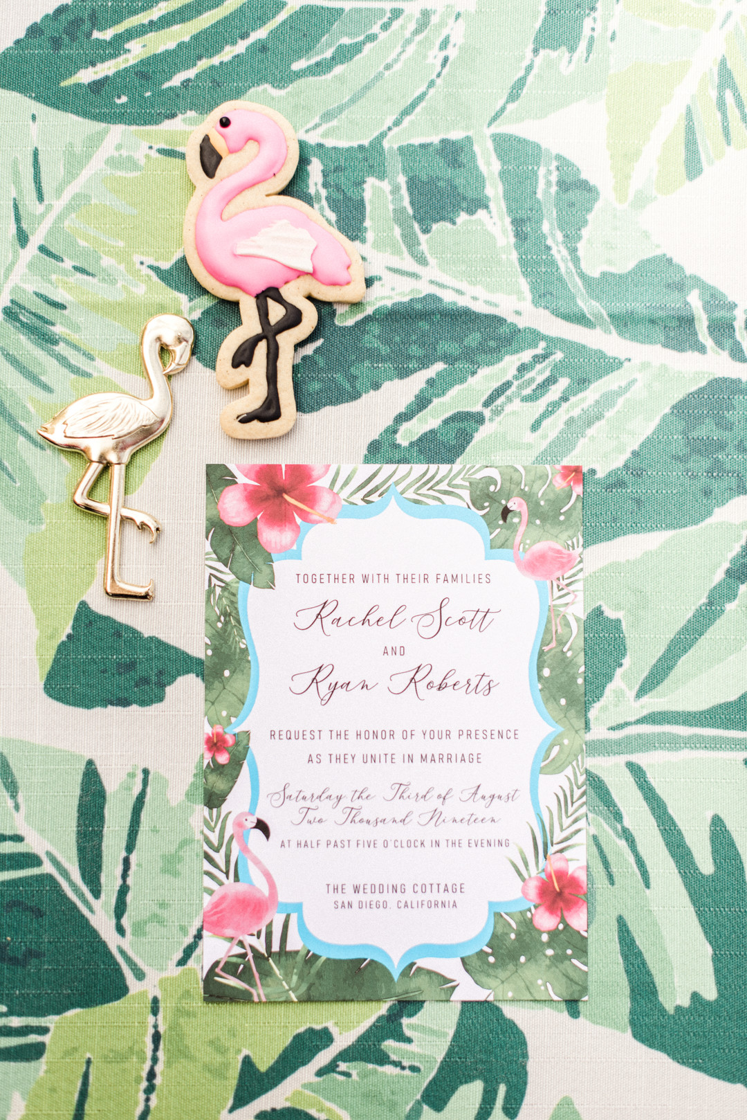 Bright, colorful Lilly Pulitzer spring wedding inspiration two brides palm tree leaves flamingos colorful waterfront invitation