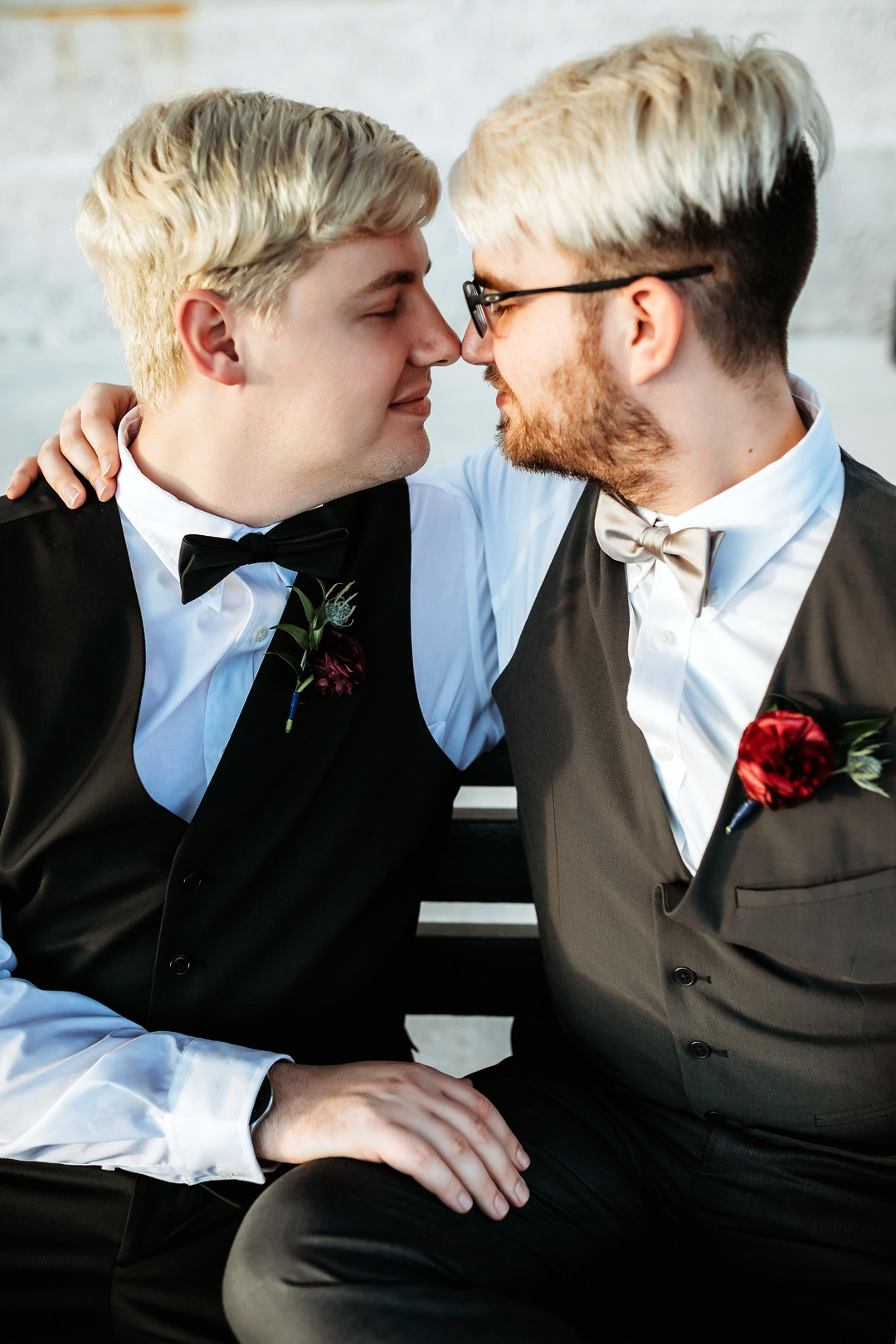 Moody, romantic distillery elopement inspiration two grooms black vests St. Augustine Distillery Florida gay wedding