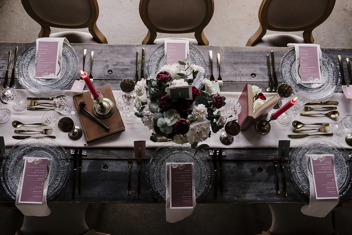 Sherlock Holmes inspired moody wedding inspiration in France table setting