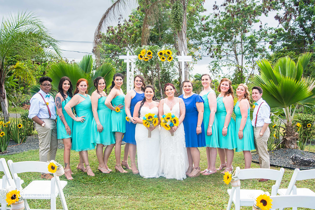Sunflower beach spring destination wedding in Isabela, Puerto Rico two brides lesbian spring wedding blue roses