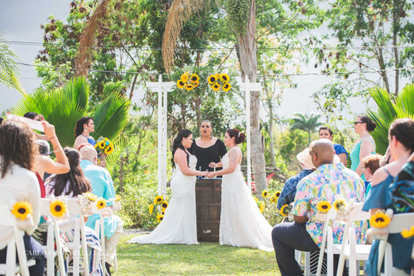 Sunflower beach spring destination wedding in Isabela, Puerto Rico two brides lesbian spring wedding blue roses vows