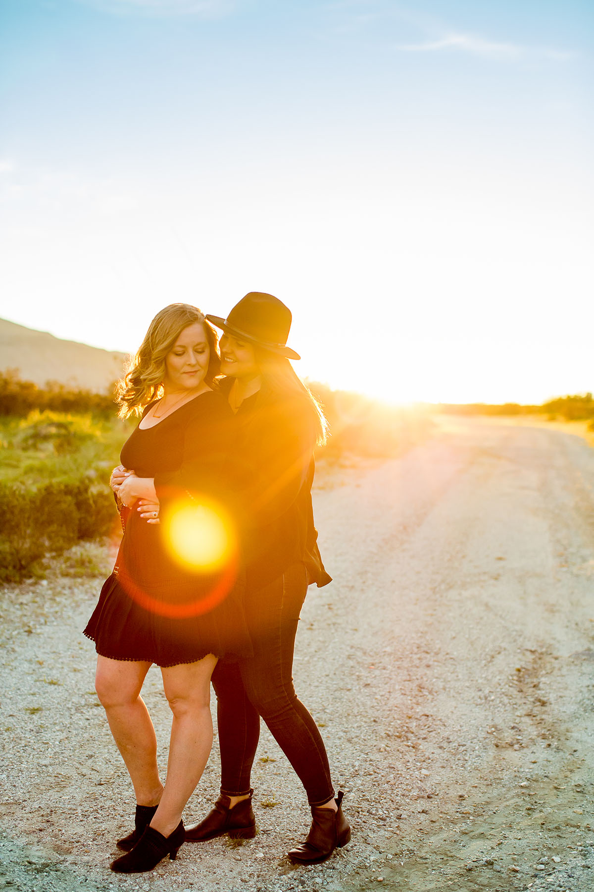 Sunset engagement photos in Palm Springs, California two brides engagement outdoors romantic