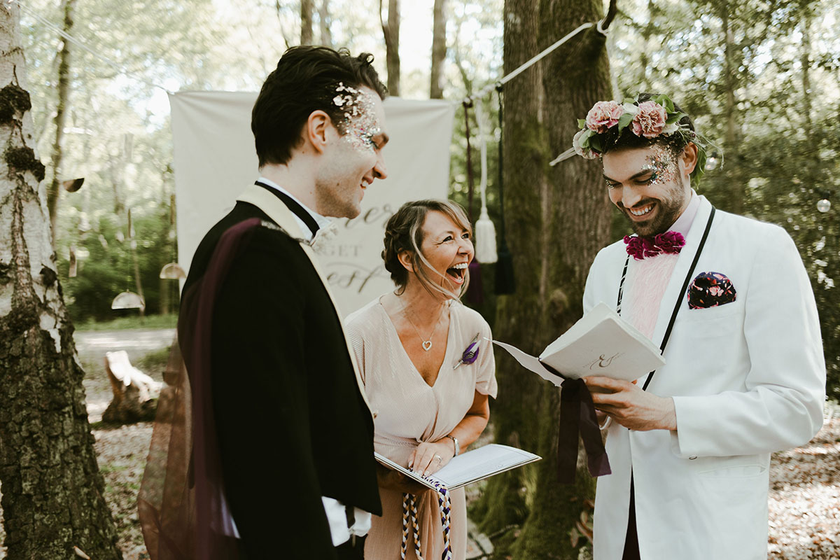 Creative wildflower elopement inspiration in the woods two grooms flowers floral veil suits creative unique styled shoot vows