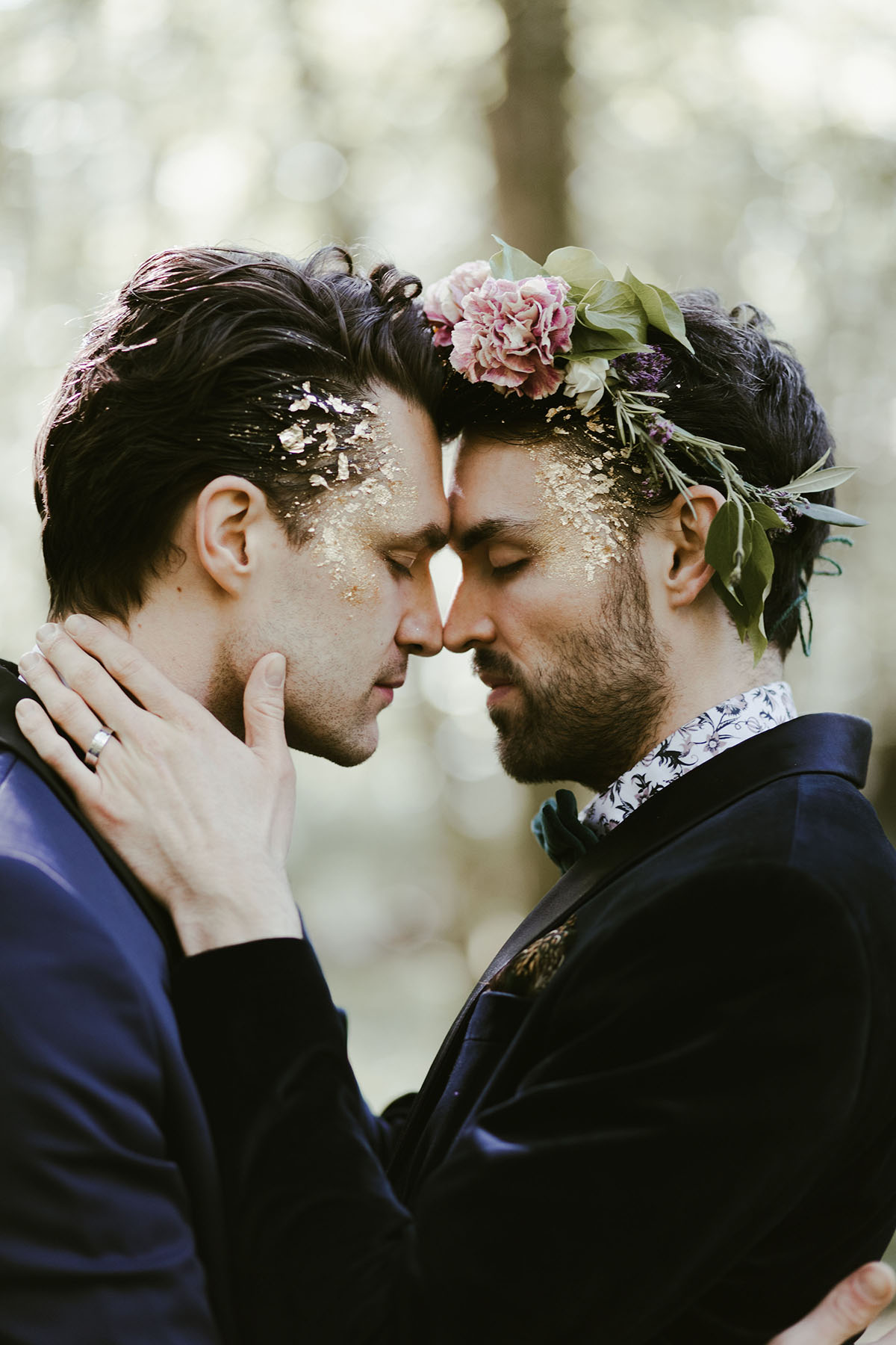 Creative wildflower elopement inspiration in the woods two grooms flowers floral veil suits creative unique styled shoot