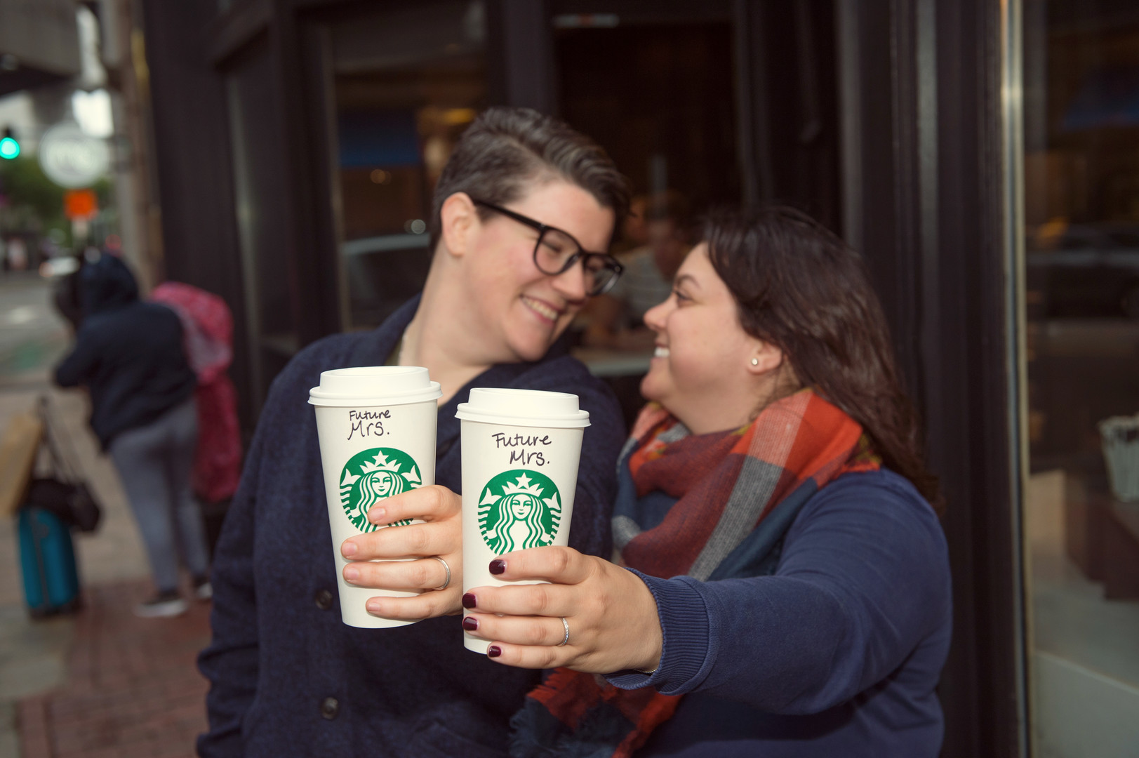 Fall Boston engagement photos two brides lesbian proposal Fenway Boston Public Garden dog Starbucks