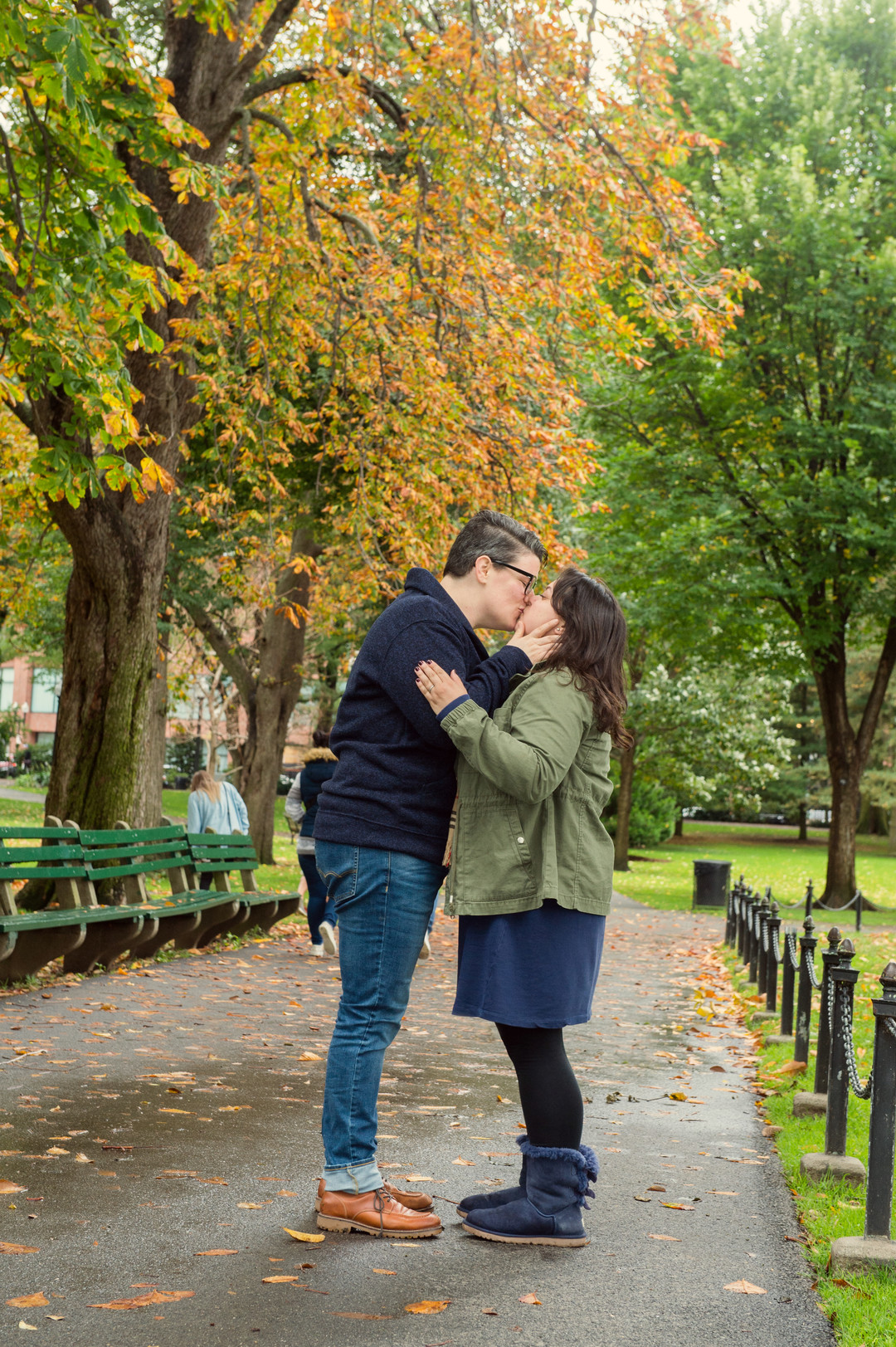Fall Boston engagement photos two brides lesbian proposal Fenway Boston Public Garden dog kiss