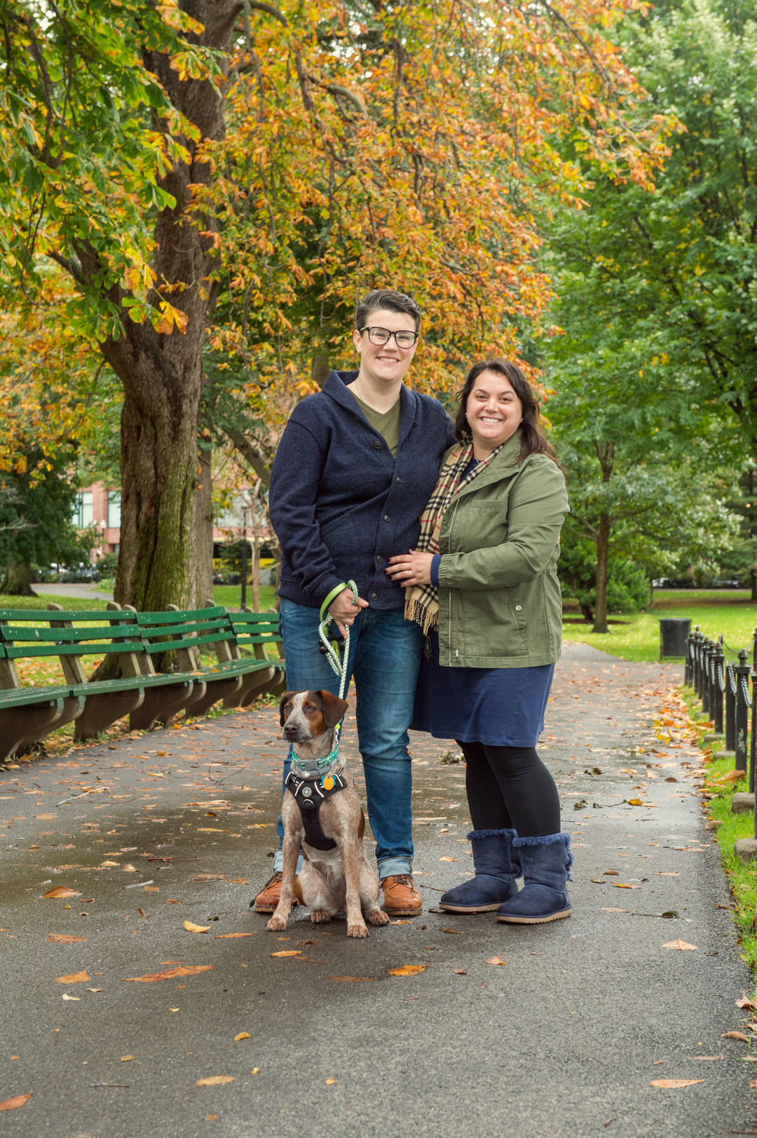 Fall Boston engagement photos two brides lesbian proposal Fenway Boston Public Garden dog