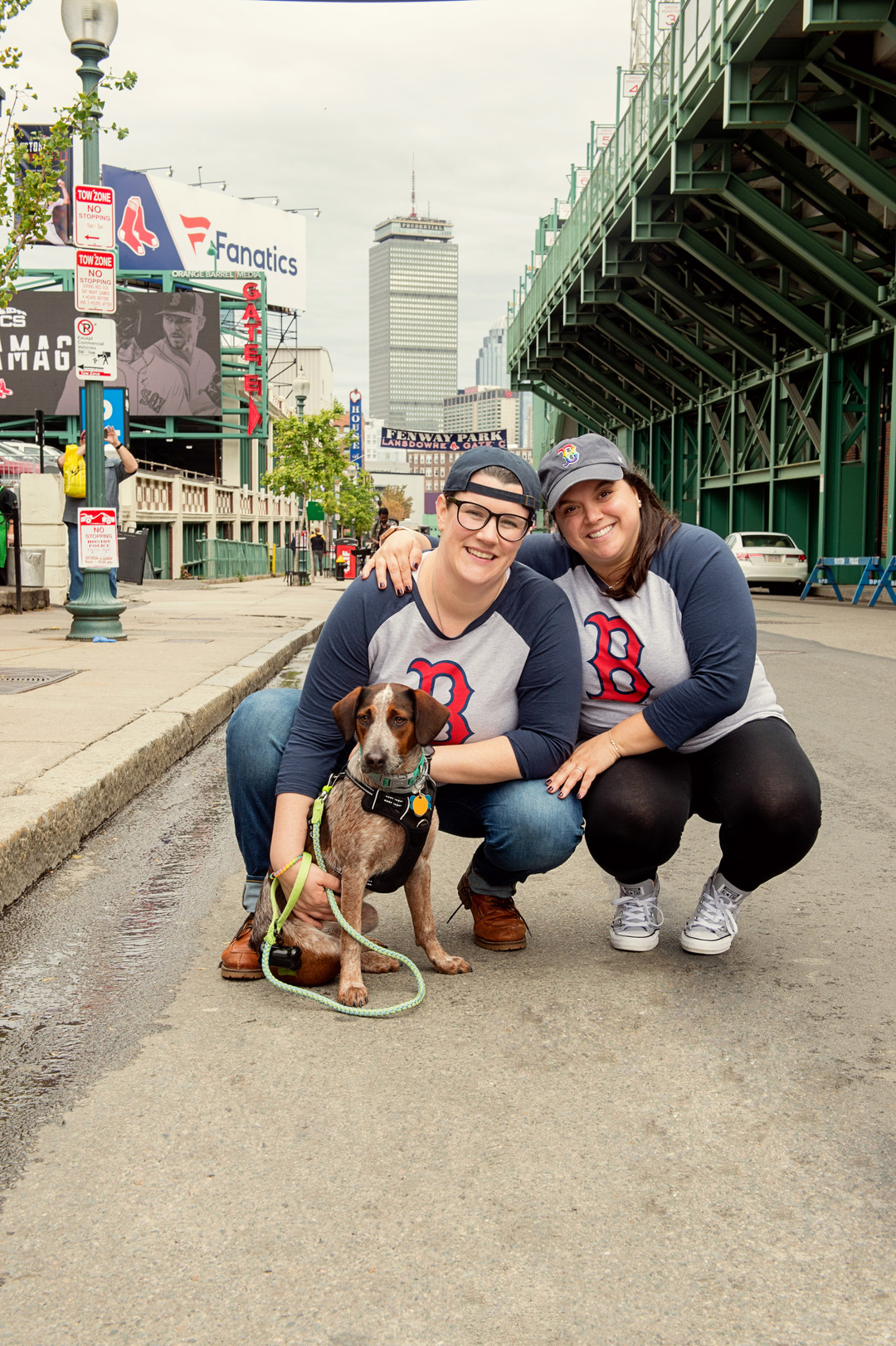 Fall Boston engagement photos two brides lesbian proposal Fenway Boston Public Garden dog