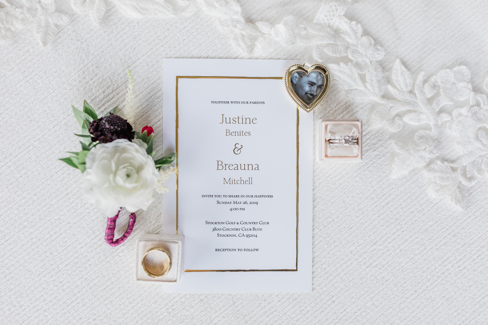 Spring country club wedding in Stockton, California two brides white tux white dress invitation