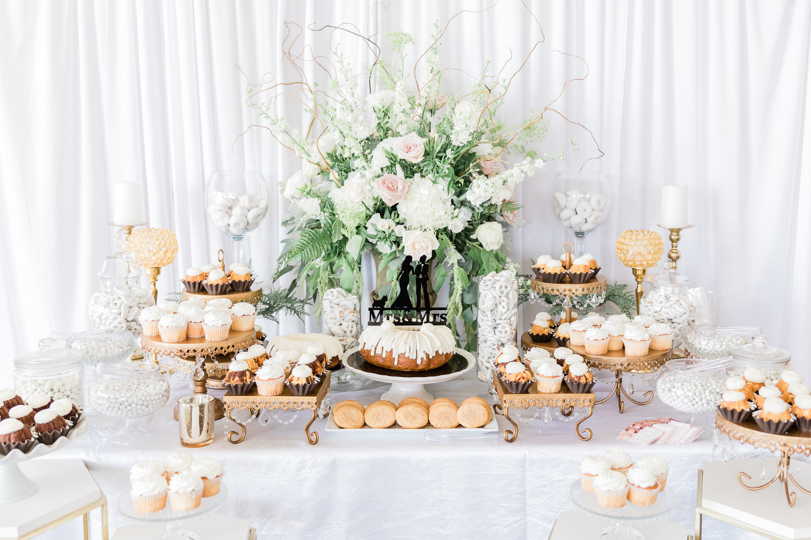 Spring country club wedding in Stockton, California two brides white tux white dress cake dessert