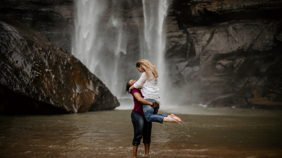 Waterfall adventure engagement photos at Toccoa Falls