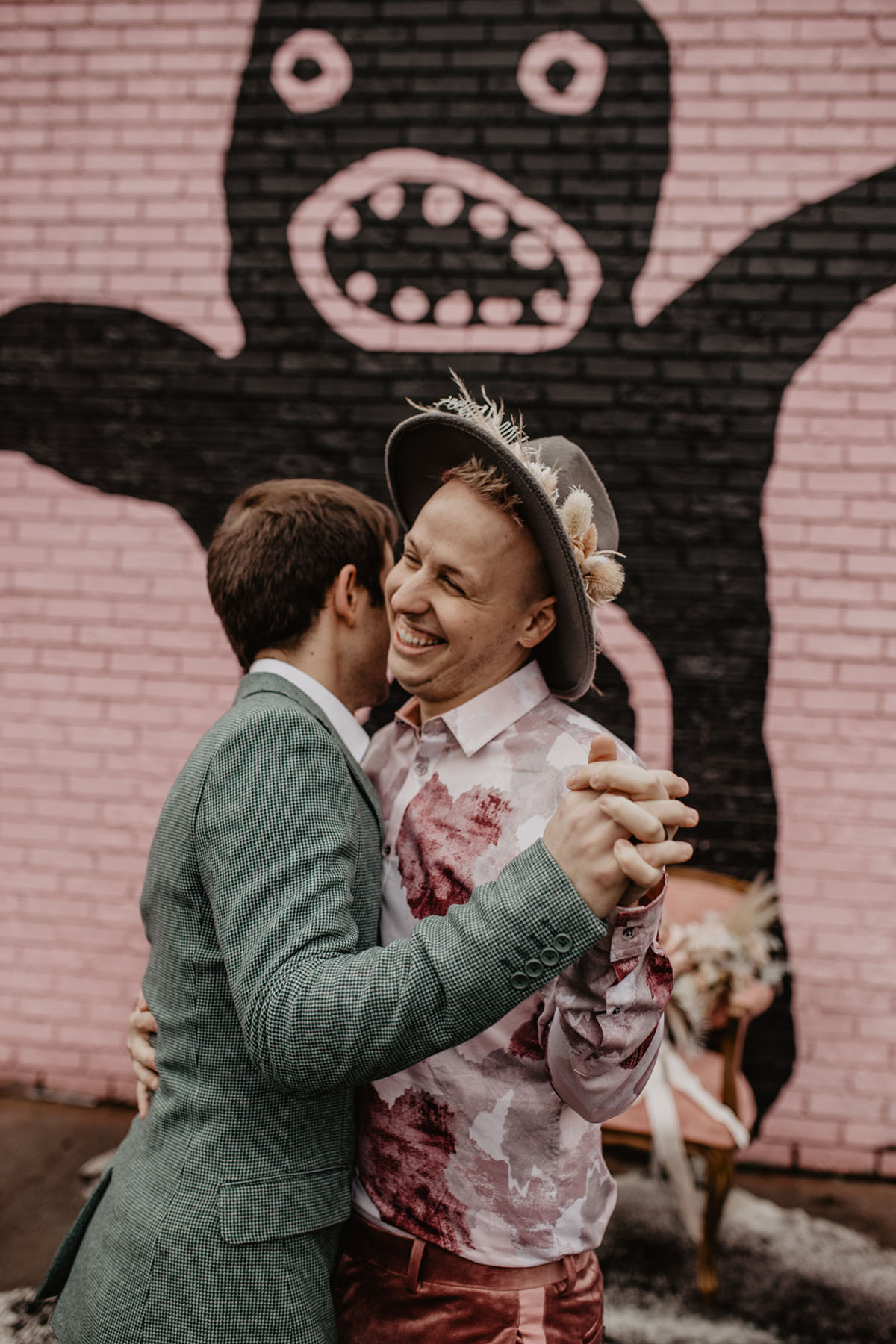 Bohemian hipster elopement inspiration at Voodoo Doughnut LGBTQ+ weddings two grooms rose gold pink cream teal Portland Oregon
