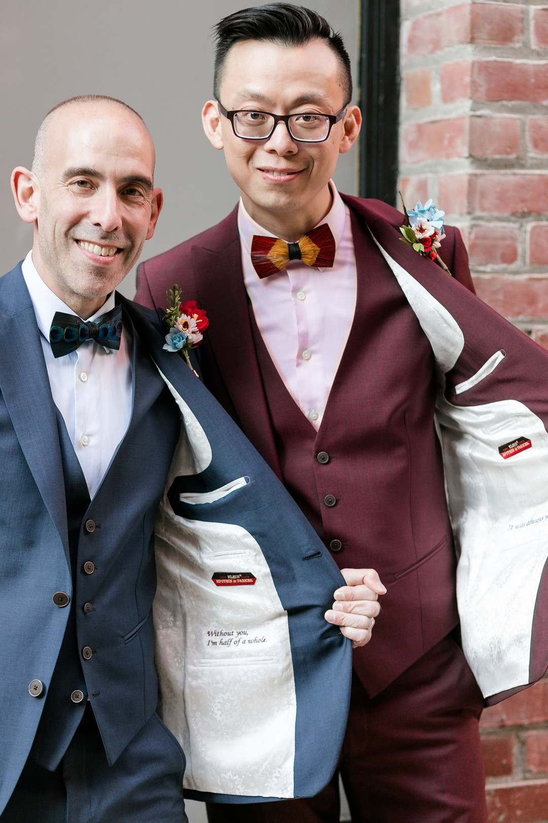 Burgundy and blue spring wedding in San Francisco, California LGBTQ+ weddings two grooms gay wedding Argonaut Hotel bow ties burgundy tux blue tux