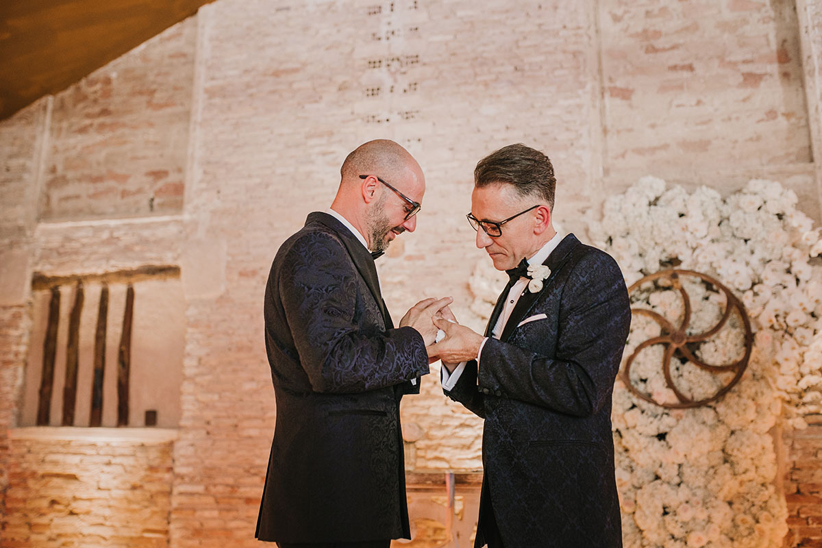 Elegant, romantic intimate wedding in Murcia, Spain LGBTQ+ weddings gay wedding two grooms black tie tuxedos roses flowers blush vows