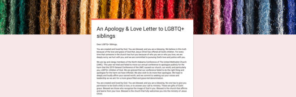 Hundreds of Alabama Methodists sign letter of apology to LGBTQ+ community